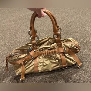 EUC DKNY Brown satchel green lining pocketbook handbag purse key chain logo